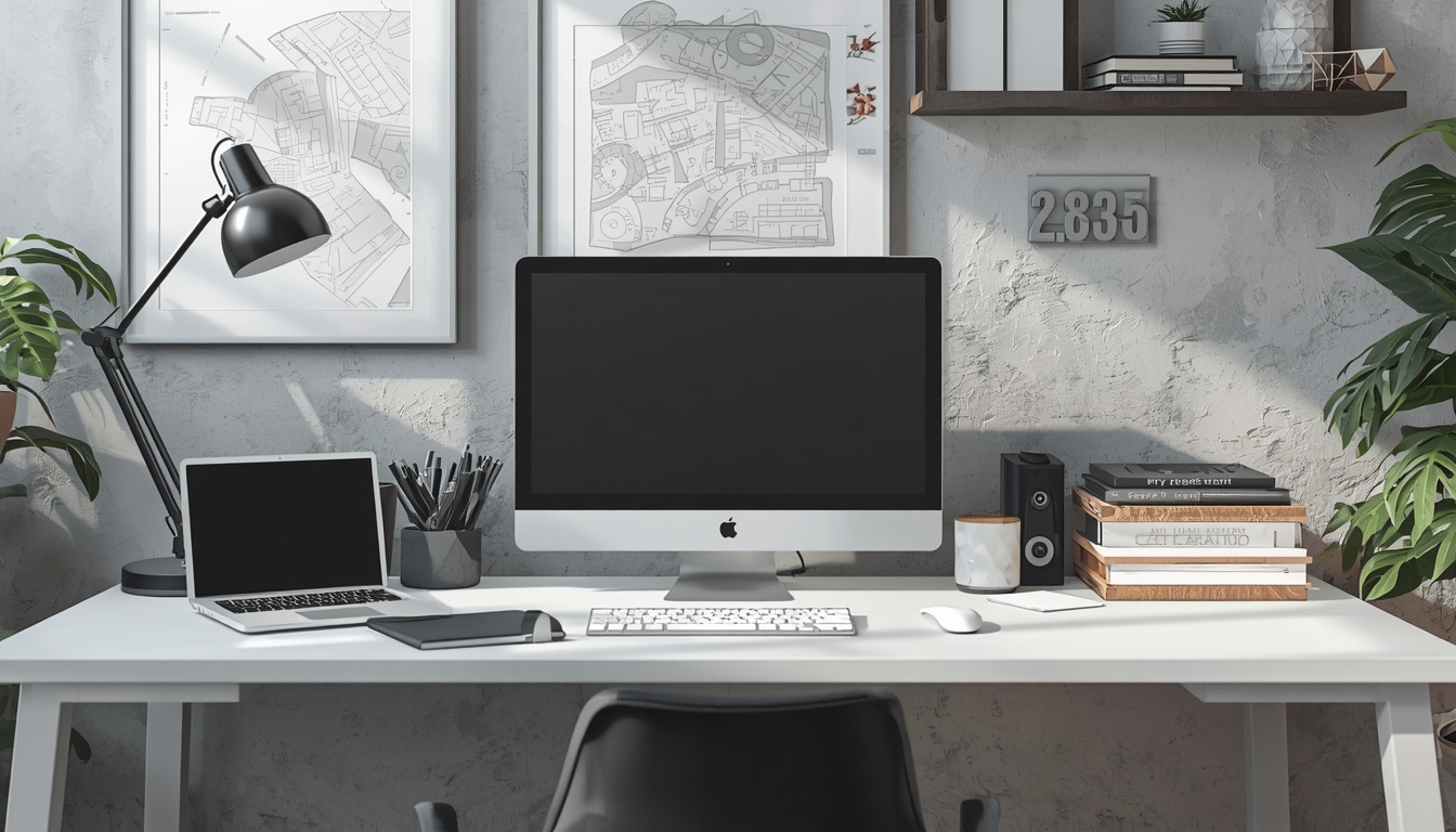 Purginglyclean organised desk zone with monitor and clean surfaces